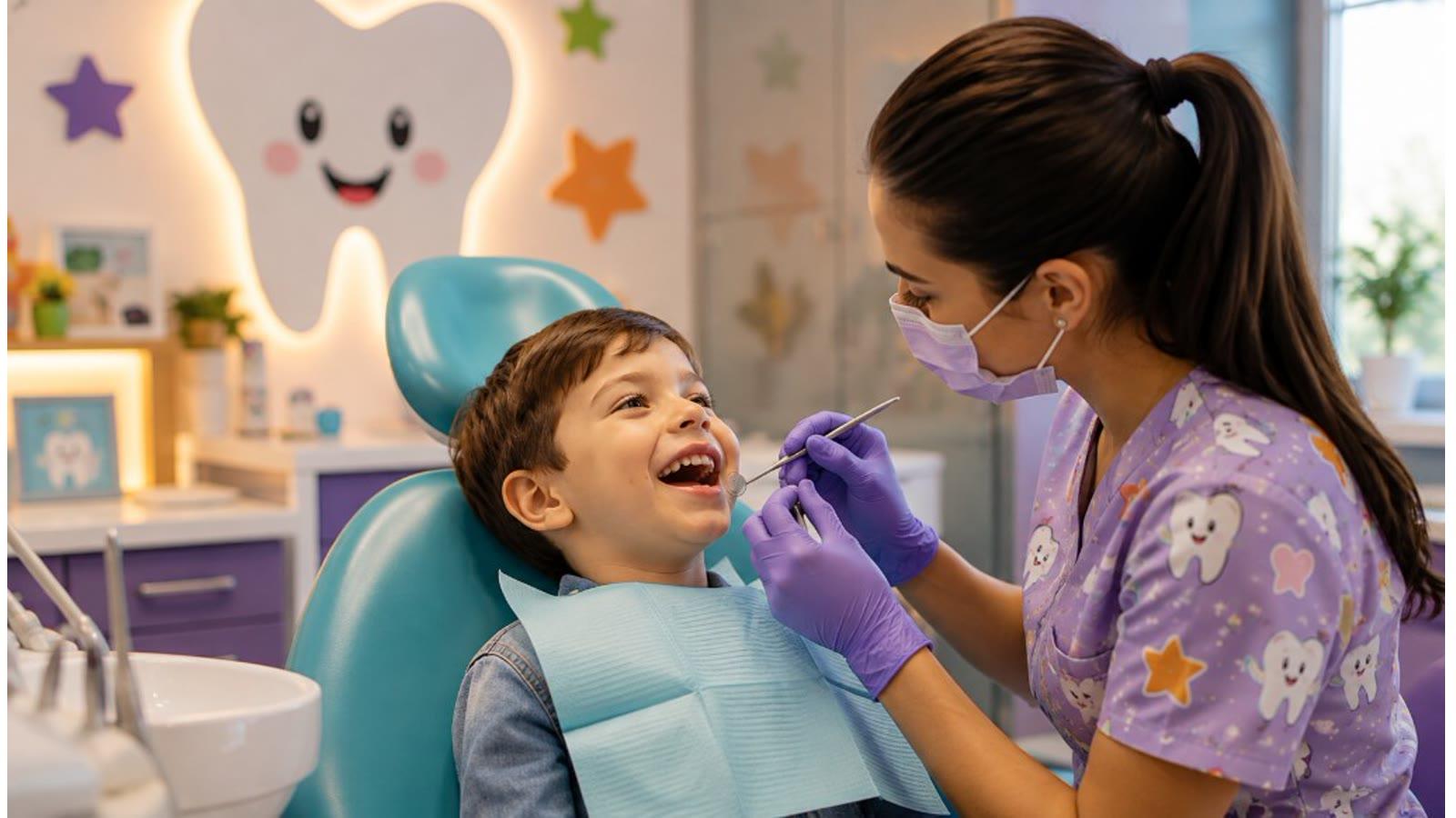 Çocuk dostu klinikte gülümseyen bir erkek çocuk ve muayene yapan diş hekimi